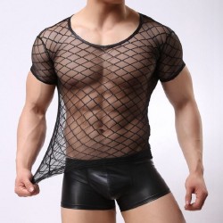T-shirt Sexy à losange transparent de couleur noir