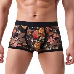 Boxer à motif florale transparent accompagné de ses bordures élastiques de couleur noire 